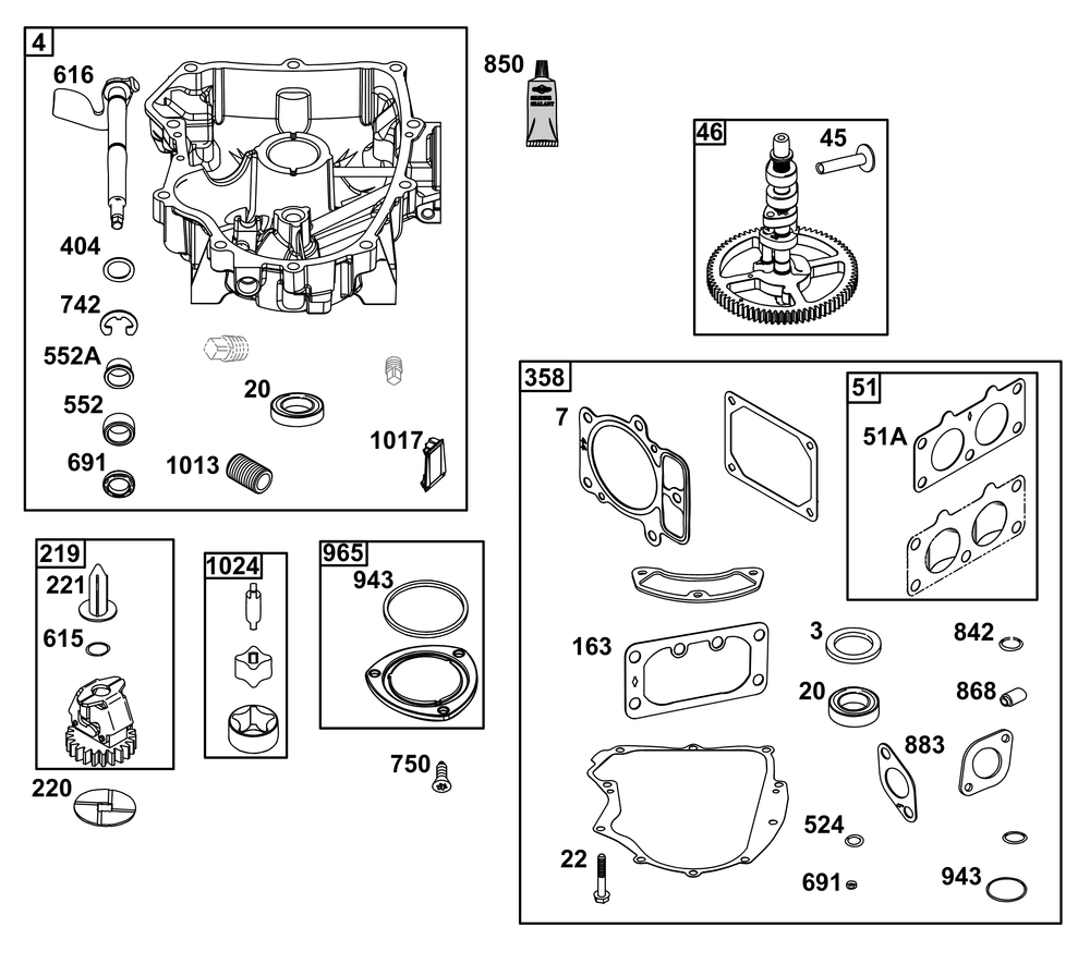 Crankcase Cover/Sump Group Diagram and Parts List for 44S977-0031-B5 400000 - 699999 Briggs and Stratton Engine